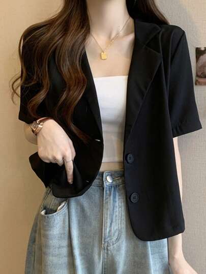 韩版时尚女式西装外套，新款夏季休闲短袖西装上衣，黑色