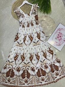 Long Dress With Print, Lined, With Built-In Bra Cups, Made Of Pretty, Fashionable Crepe Fabric. - 鏽棕色 - 查看 3