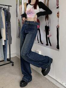 OJOK 新款 Y2K 风格水洗蓝色直筒阔腿女式牛仔裤（含腰带） - 藍色 - 查看 4