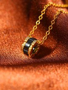 1pc Niche Design Black & Gold Circular Ring Necklace, Versatile Collarbone Chain, High-End Black & Gold Contrast Necklace, Rhinestone Waist Circular Ring Necklace - Gold - View 5