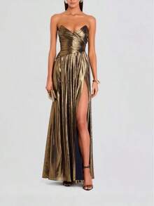 Women's New Metallic Color Strapless Waist-Cinching Sexy Off-Shoulder Dress - 棕色(25352) - 查看 2