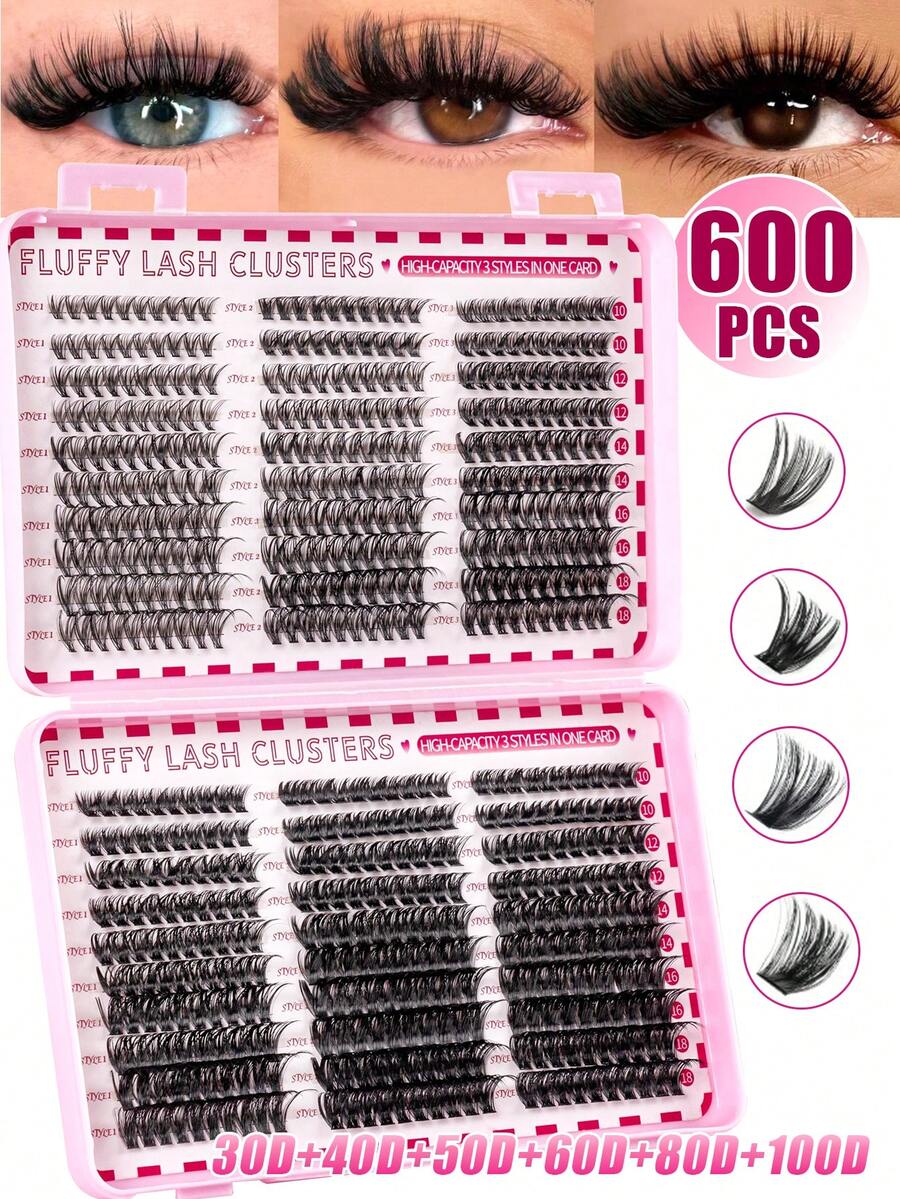 600/620 Clusters False Eyelashes Set, Mixed 30D 40D 50D 60D 80D 100D 0.07mm Soft Synthetic Mink Eyelashes 8-18mm, Natural Voluminous 3D Reusable Russian Lashes, Suitable For Beginners Home DIY - 黑色 - 查看 1