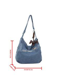 水洗牛仔布包，大容量斜挎包，学生包，日式帆布女包，韩版简约单肩包 - 霧霾藍 - 查看 8