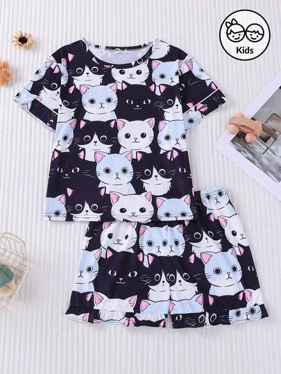 2pcs/Set Black & White Cartoon Cat All-Over Print Short Sleeve Top And Shorts, New Summer Casual Pajamas Set, Round Neck Tee With Elastic Waist Ruffle Hem Shorts, Loose Fit, Suitable For Children, Vacation, Daily Wear, Party
