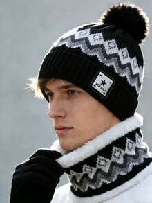 三件套针织帽围巾套装，保暖内衬毛线帽和围脖，冬季休闲羊毛防风配饰，适合作为节日礼物 - 彩色 - 查看 7