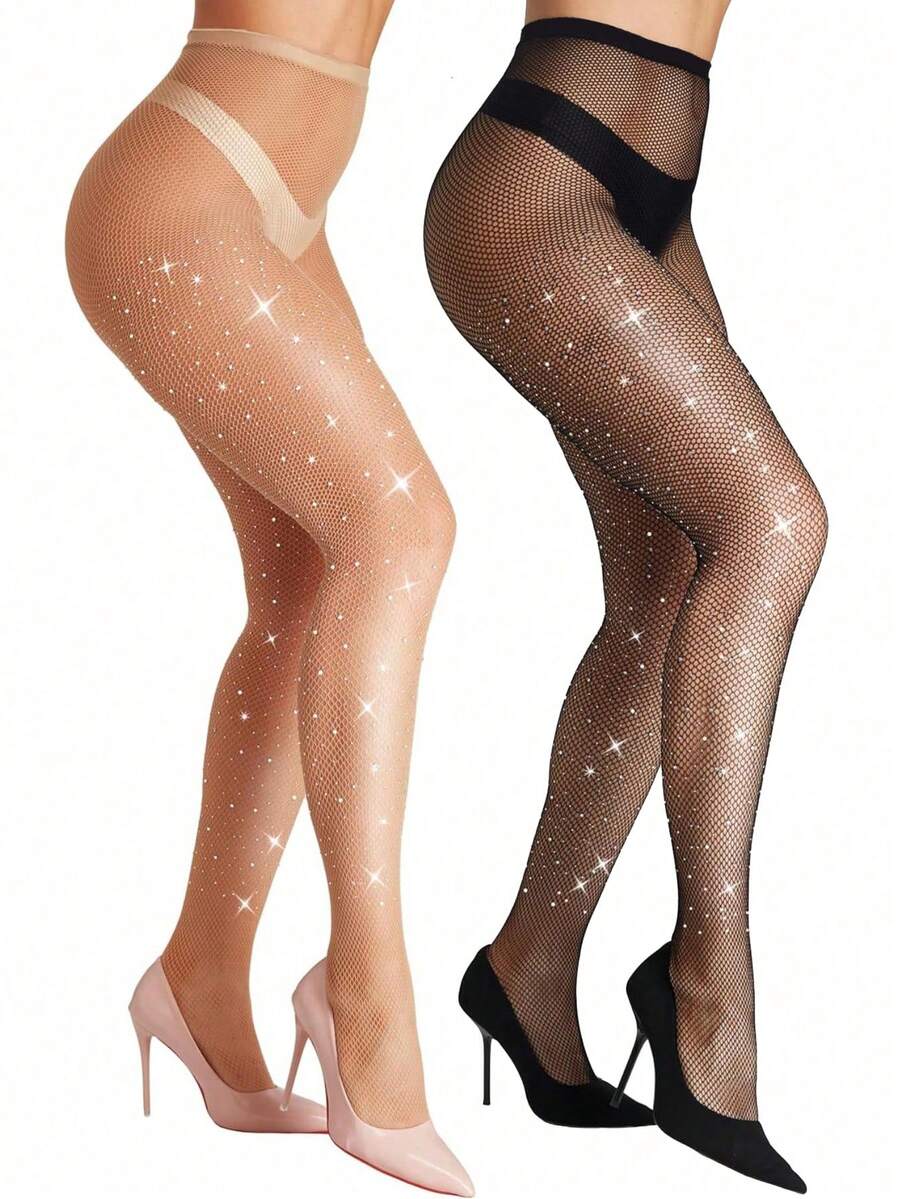 1双/2双装女士亮片网纱紧身裤 - 高腰闪亮细节打底裤（黑色和裸色）| 适合派对/晚宴穿着 - 彩色 - 查看 1