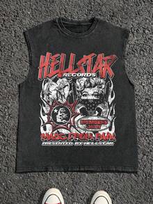 Men's Casual Crew Neck Sleeveless Washed Vest, Made Of 100% Cotton, Perfect For Summer Vacations.  Features A Stylish Print And Y2K Street Style. An Excellent Gift For Boyfriends And Husbands. - 黑色 - 查看 1