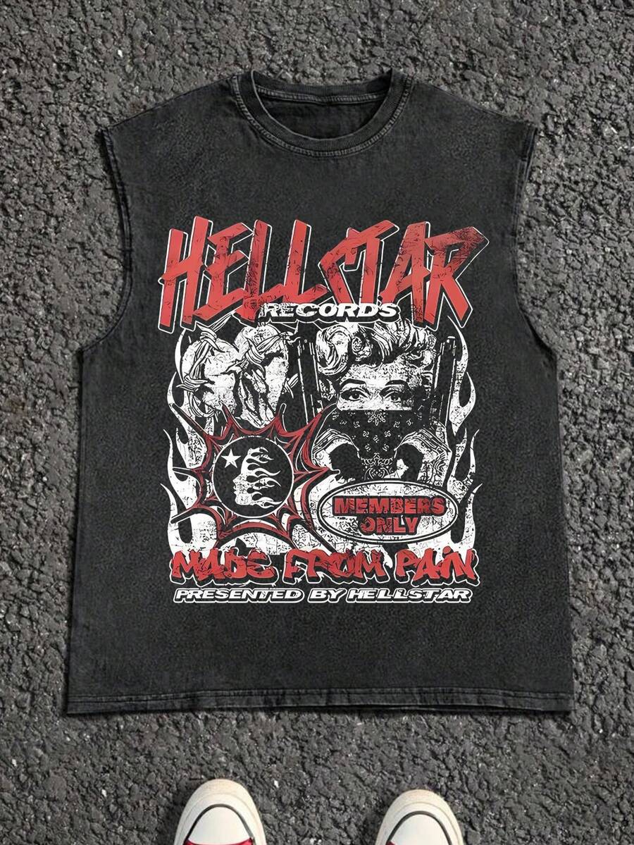 Men's Casual Crew Neck Sleeveless Washed Vest, Made Of 100% Cotton, Perfect For Summer Vacations.  Features A Stylish Print And Y2K Street Style. An Excellent Gift For Boyfriends And Husbands. - 黑色 - 查看 1