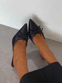 2026 Spring New Elegant French Style Black Bow Pointed Toe Thin Heel Mule Slip-On Sandals, Versatile High Heels For Commuting, Dating, Daily Wear - Black - View 2