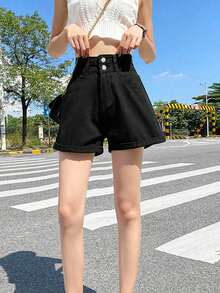 时尚休闲日常复古直筒女式牛仔短裤 黑色 夏季 - 黑色 - 查看 2
