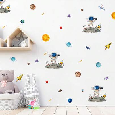 1/2pcs Fun Astronaut, Planet, And Moon Wall Stickers, Removable, Self-Adhesive, Waterproof PVC Outer Space Themed Decals, Suitable For Children's Rooms, Living Rooms, Nurseries, And Room Door Decoration.