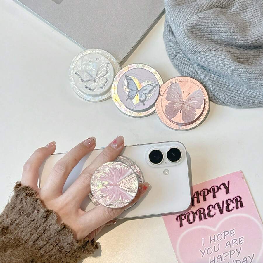 Magnetic Attraction Push-Pull Phone Holder Butterfly Fairy Style High-End Shake Phone Magnetic Holder - ABS Material Retractable And Adjustable Stable Desktop Support Shell Texture Design Users Necessary Daily Necessities - Multicolor - View 1