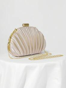 Trending Shell-Shaped Clutch: Crafted From Luxurious Faux Silk With Delicate Pleats On A Smooth Satin Surface. Designed To Pair Seamlessly With Qipao Or Evening Gowns At Parties, Its Fabric Texture Echoes Your Attire For A Cohesive, Polished Look. It Also Elevates Date-Night Outfits, Exuding A Soft, Elegant Charm - Champagne - View 4