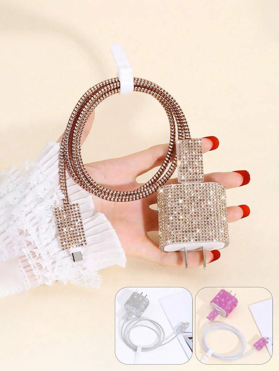 5 piezas Juego de protección de cable de datos con diamante de imitación, que incluye enrollador de cable, clip de cable, protector de cabezal de cargador anti-doblado, compatible con cable de datos de 20W para iPhone - Multicolor - Ver 1