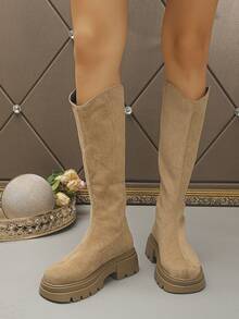 2025冬季圆头厚底粗跟高筒靴，专为娇小女性设计，显瘦效果，不挑剔，复古风格，适合搭配裙装，后拉链，V领，厚底 - 棕色 - 查看 4