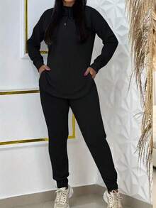 2026 Early Spring Must-Have Fashion Premium | Hooded Loungewear Set: Soft, Stretchy Fabric Perfect For Early Spring Light Workouts And Everyday Commutes, Featuring A Hooded Drawstring Top And High-Waisted Jogger Pants Two-Piece Set. The Curved Hem And Side Pockets Balance Laid-Back Comfort With Practicality, Available In Black/Gray/Navy-Your Go-To For A Cozy, Effortless Spring Look. Casual Drawstring None Pocket Daily Home - 黑色 - 查看 3