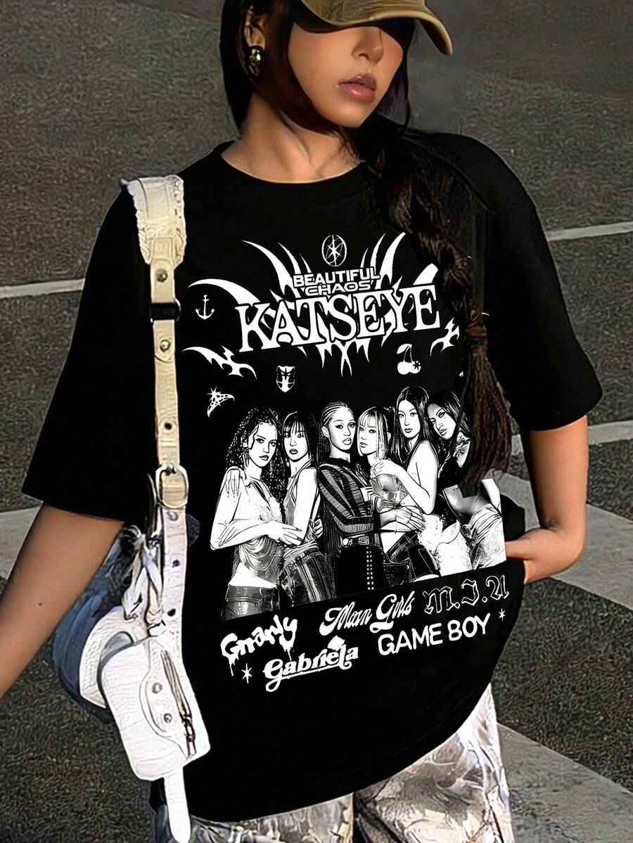 Spring And Autumn Round Neck Short Sleeves For Girls - KATSEYE Members - Printed Pattern Design Round Neck T-Shirt, Pattern T-Shirt Pullover, Girls' Top, 180g Polyester Soft Fabric, Suitable For Giving Gifts To Children For Back To School, Parties, Outdoors, Travel Wear - 黑色 - 查看 1