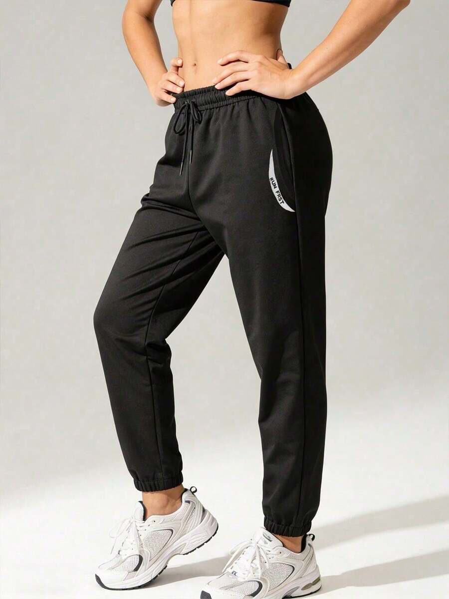 Pantalones deportivos casuales talla grande vendidos para primavera/verano para mujeres, con diseño de cintura elástica, aptos para uso diario, trotar, fitness, deportes y senderismo - Negro - Ver 1