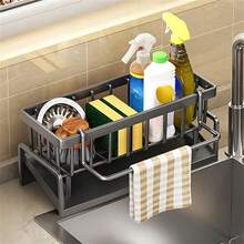 1个厨房水槽置物架，碳钢和哑光黑色ABS防锈材质，可放置海绵、刷子、肥皂、抹布，无需钻孔即可挂在水龙头上，是公寓租户必备的节省空间清洁配件。 - 多色 - 查看 14