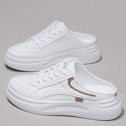 Flipark 1 đôi giày nữ casual đế dày, phối màu kaki, chất liệu da trắng phối kaki, thoáng khí, kiểu dáng thấp cổ, thích hợp đi làm và hoạt động ngoài trời.