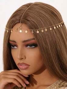 1pc Gold Plated Multilayer Disc & Tassel Headchain, Arab Style Bridal Hair Accessories, Turkish Kurdish Women Luxury Jewelry Gift, Bride To Be - Gold - View 9