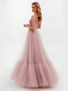 New Long Women's One-Shoulder Mesh Long-Sleeved Wedding Dress Tulle Long Dress - Blue - View 4