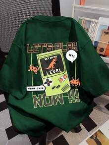Boys' Letter & Game Console Graphic Round Neck Short Sleeve T-Shirt, Gamer Style, Spring/Summer New Arrival - Dark Green - View 1