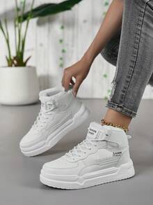 （尺码偏小）女士复古卡其色系带高帮滑板鞋，简约百搭户外徒步大码运动鞋 - 白色 - 查看 11