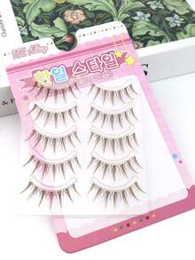 5对棕色尖头卡通眼珠仿貂毛假睫毛，舒适一体式手工制作，柔软轻盈，打造洋娃娃般甜美妆容。 - 棕色 - 查看 8