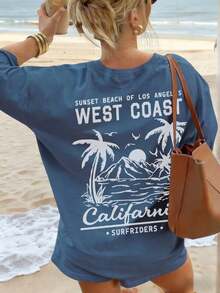 Summer Tops Mother's DayWomen's New Summer Casual Round Neck Short Sleeve T-Shirt, Simple Versatile Palm Tree Slogan Print, Suitable For Daily Wear. Graphic Tee, Women's T-Shirt Top Vacation.Loose And Comfortablesummer Clothes Easter - 灰藍色 - 查看 7