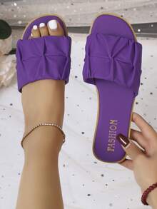 1 Pair Women's Summer Fashionable PU Pleated/Ruffle Edge Beach Sandals, Non-Slip Outdoor Slippers With Soft Soles And Open Toe, Casual Wear - Purple - View 2
