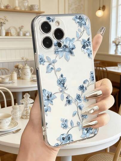 Funda protectora transparente con delicado diseño floral azul compatible con iPhone 15 Pro Max, anti-amarillamiento y anti-caída, adecuada para chicas artísticas, compatible con iPhone 7P, XR, 11, 12, 13, 14, 15, 16 Pro Max, 17 Pro Max, 17 Pro, Air 17, S22, S23, S24, S25 Ultra, A13, A14, A15, A16, A53, A54, A55 y talla grande, versión internacional, no la versión nacional