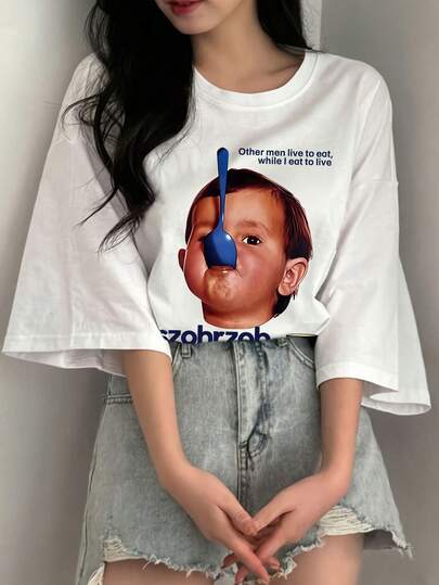 女士圆领短袖T恤，夏季新款人像图案和字母印花，时尚休闲百搭宽松上衣 白色