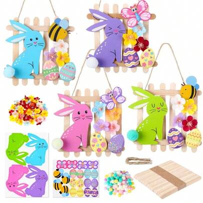 1 Set Easter Handmade Craft Kit, DIY Wooden Rabbit, Egg, Bee, Butterfly Decorations With Artificial Flowers And Sticks, Handcraft Your Own Easter Decor, Suitable For Adult Spring Party Gifts And Family Activities