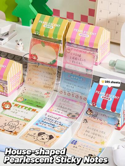 1Pc[105Sheets ]Pearl Finish House Shape Pop-Up Sticky Notes - 105 Sheets Cute Cat Pattern, Waterproof Reusable Adhesive, Multi-Use Name Tags For School & Office