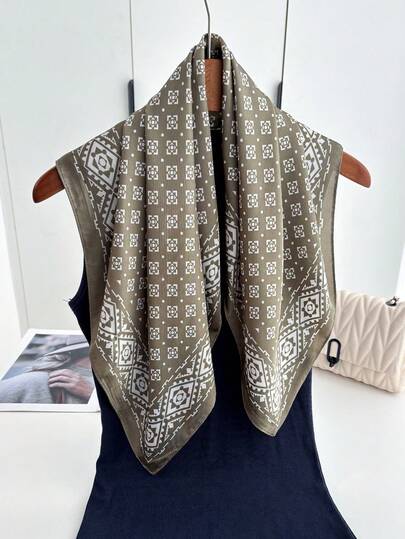 1pc 2026 Geometric Print Faux Silk 65*65cm Square Scarf, Versatile Bandana Headband Neck Scarf For Women, Suitable For Outdoor, Riding, Dating, Travel, Street Dance, Live Streaming, Photography