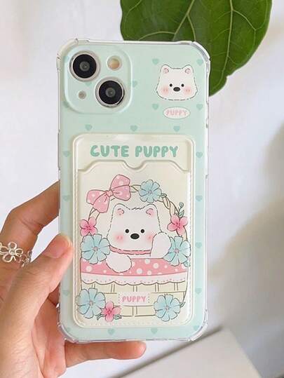 1pc Cute Cartoon Puppy Flower Basket Design Shockproof TPU Full Coverage Phone Case Compatible With IPhone 11/12/13/14/15/16/17/Pro Max, Blue