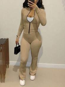 Autumn/Winter European And American Style Women's Fashion Zip-Up Cardigan, Fitted Top And Loose Wide-Leg Pants Set - 卡其色 - 查看 12