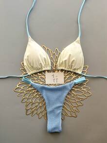 2pcs Casual Cute Elegant Sexy Bohemian Floral Tie-Up Braided Bikini Swimwear, Beach Vacation, Spring/Summer - Baby Blue - View 1