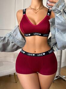 1 Set European & American Sexy V-Neck Ribbed Backless Bra And Panty Set For Women - Burgundy - View 3