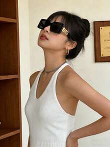 1pc Fashion Rhinestone Chain Leg Women's Small Square Frame Fashion Glasses, Runway And Street Style - Black - View 4