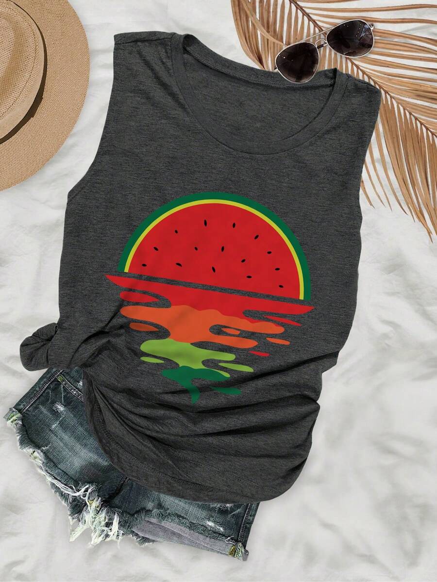 Plus Size-Women's Watermelon Sunset Print Tank Top - Sleeveless Casual Summer And Spring Top, Medium Stretch, Round Neck, Machine Washable, Bright Fruit Design Suitable For Beach Vacations And Outdoor Activities, Opaque Fabric-1XL-5XL - 深灰色 - 查看 1