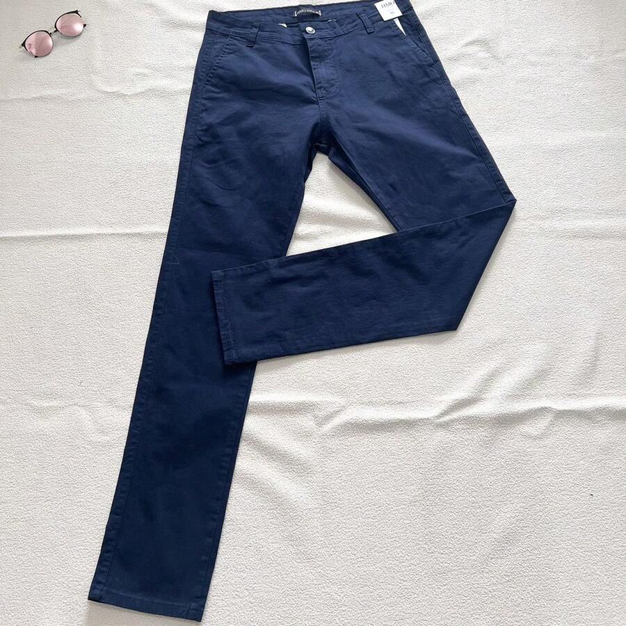 Men's Slim Fit Twill Trousers With Elastane And Side Pockets. - Navy Blue - View 1