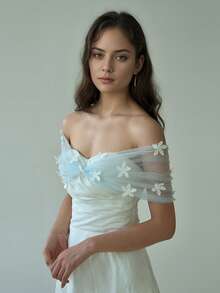 1pc Bride Shawl Short Style, 3D Floral Decor Fashion Women Shawl, Suitable For Party, Wedding, Loose & Comfortable (Shoulder Width Size Details In Image) - Multicolor - View 15