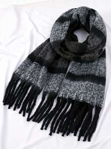 1条女士加厚格子围巾，大号蓬松流苏披肩，适合学生、家居装饰或秋冬季户外保暖 - 黑色 - 查看 4