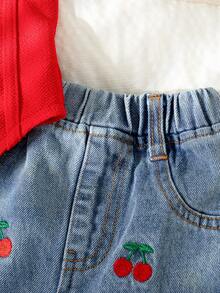 Baby Girls Valentine's Day Solid Color Sleeveless Round Neck Irregular Top + Cartoon Fruit Cherry Embroidery Fake Pocket Denim Shorts Casual Outfit - Red - View 4