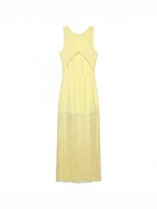 女士时尚度假风休闲流苏修身连衣裙，秋季优雅 - 黃色 - 查看 5