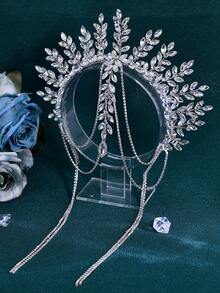 1件装奢华闪亮水钻皇冠头箍发饰长流苏女士婚礼头带 - 銀色 - 查看 4