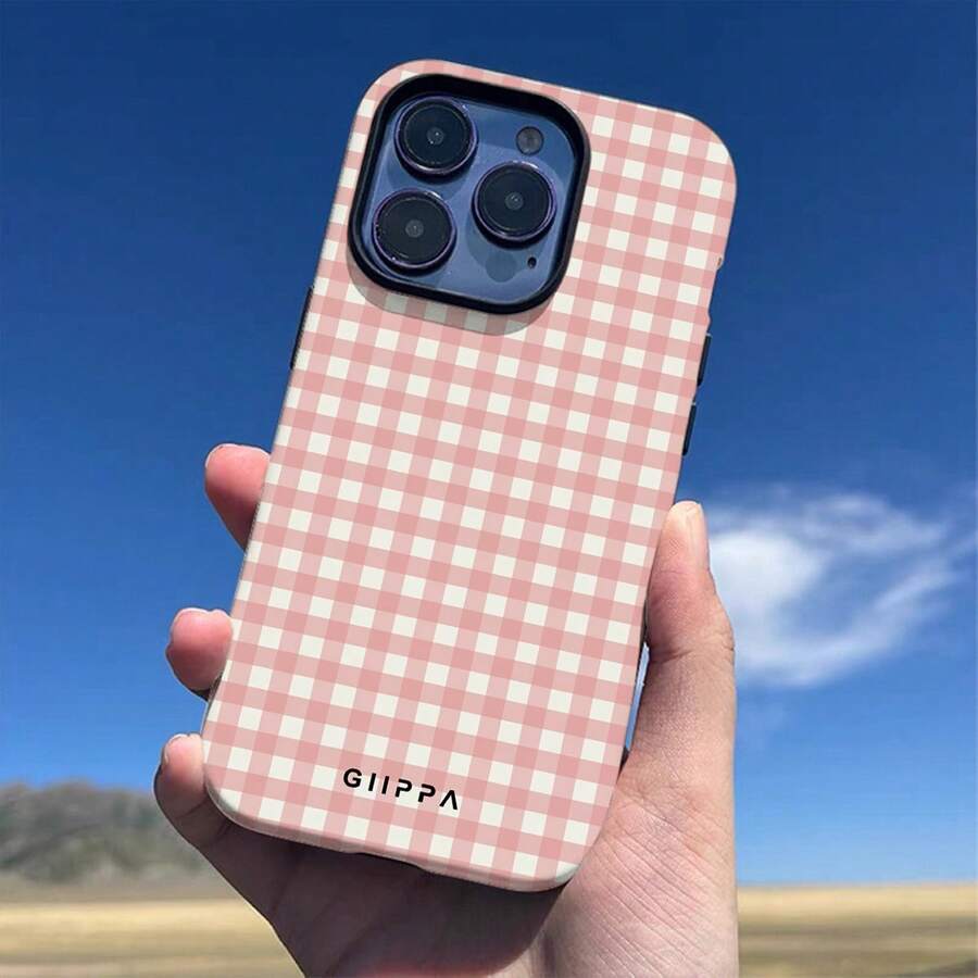 GIIPPA Grid 2-In-1 Matte Pink Plaid Pattern Phone Case, Compatible With IPhone 17, 16, 15, 14, 13, 12, 11 And PRO MAX Series - Pink - View 1