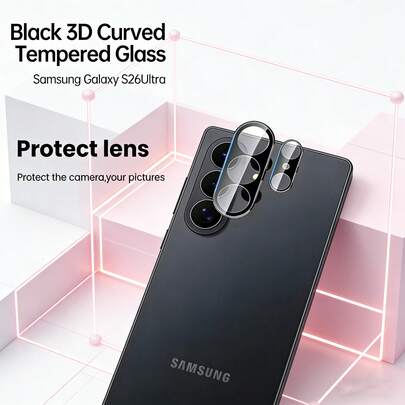 1pc 3D Curved Black Tempered Glass Camera Lens Protector Film Compatible With Samsung S26 Ultra/S26+/S26 5G Smartphones